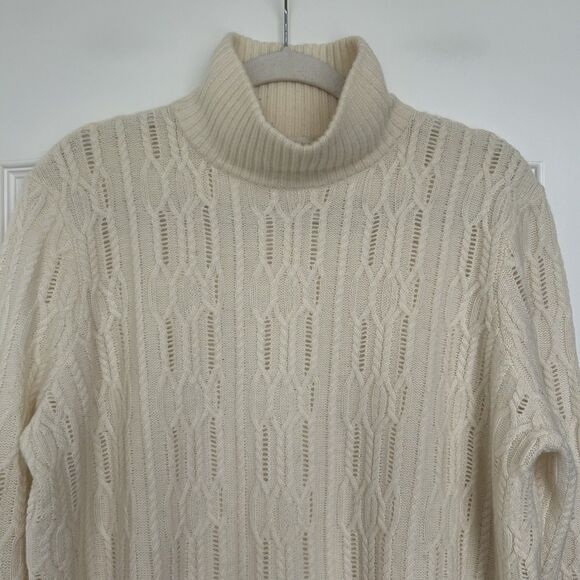 Garnet Hill Cashmere Merino Sweater M Turtleneck Cable Knit Ivory Tunic Oversize - Picture 3 of 14